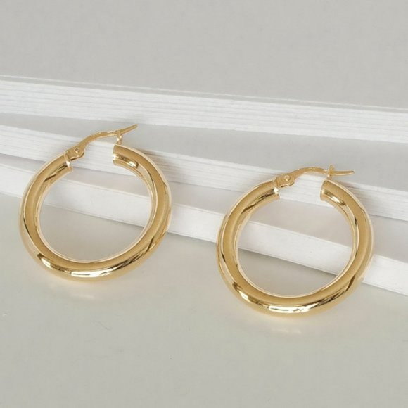 Thick 4 mm Gold Hoop Earrings Real 10K Yellow Gold Hoops NEW! Stamped 10K ITALY - Picture 3 of 6
